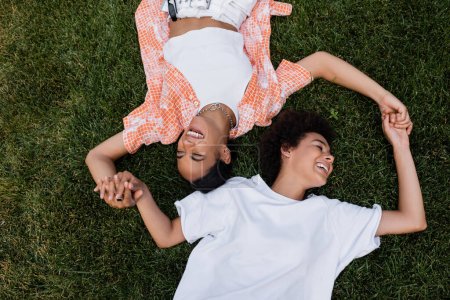 Blick von oben auf lächelnde afrikanisch-amerikanische lesbische Frauen, die sich Händchen haltend im Gras liegen 