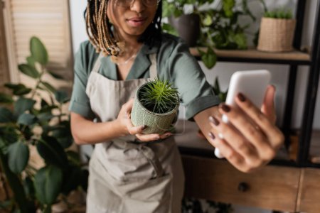 cropped view of blurred african american florist showing potted plant during online order on smartphone