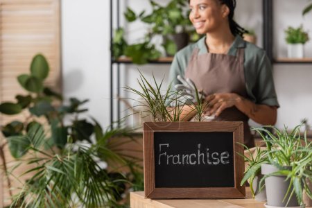 selective focus of board with franchise lettering near green plants and african american florist smiling on blurred background