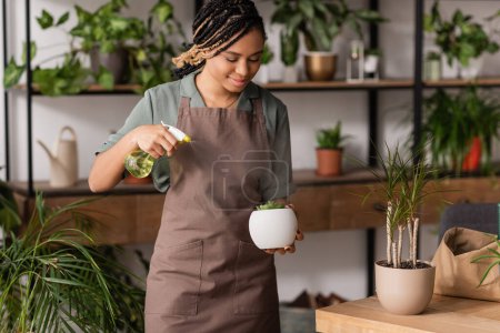 african american florist with dreadlocks spraying water on potted plant in flower shop