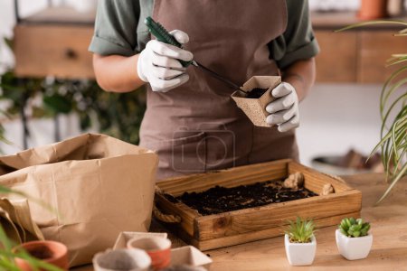 cropped view of african american woman filling flowerpot with soil near wooden box and small plants