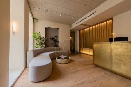 luxury reception desk near modern sofa and coffee table in hotel lobby 