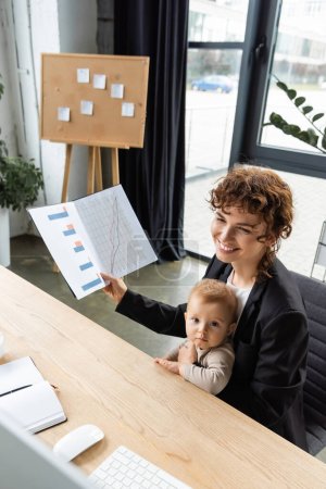 Photo for High angle view of happy businesswoman holding folder with infographics while sitting at work desk with toddler girl - Royalty Free Image