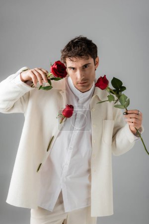 Téléchargez les photos : Man wearing white stylish clothes looking at camera while posing with red roses isolated on grey - en image libre de droit