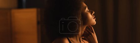 Téléchargez les photos : Vue latérale de la femme afro-américaine touchant le cou tout en posant dans une pièce sombre à la maison, bannière - en image libre de droit