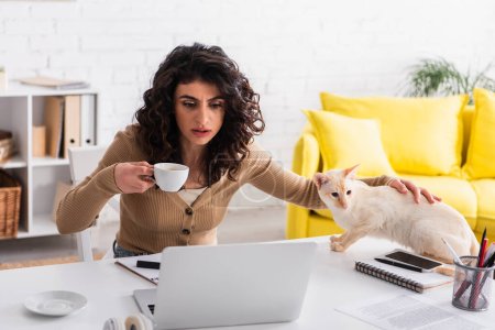 Focused copywriter holding cup of coffee near oriental cat and laptop at home 