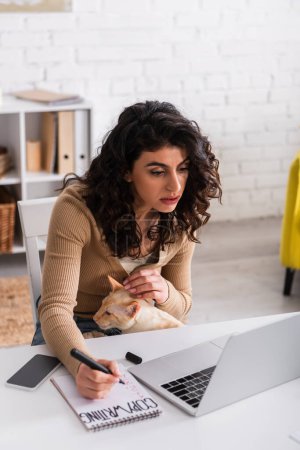 Brunette copywriter with oriental cat holding marker near notebook and devices at home 