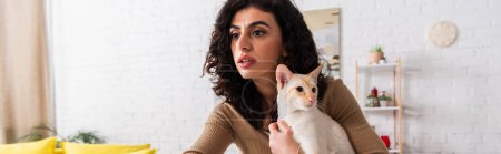 Téléchargez les photos : Brunette woman holding oriental cat and looking away at home, banner - en image libre de droit