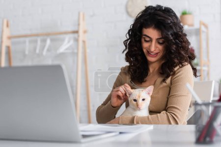 Téléchargez les photos : Copywriter petting oriental cat near blurred laptop and papers at home - en image libre de droit