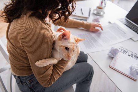 Ausgeschnittene Ansicht eines Werbetexters mit orientalischer Katze in der Nähe verschwommener Papiere und Laptops zu Hause 