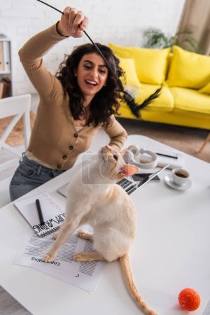 Freelancer borroso jugando con gato oriental cerca de documentos y dispositivos en la mesa en casa 