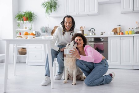 Smiling african american couple taking selfie with labrador in kitchen 