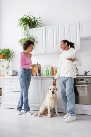 Positive african american couple with plates and brush talking near labrador in kitchen 