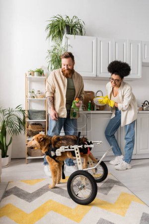 Positives multiethnisches Paar betrachtet behinderten Hund beim Küchenputzen 
