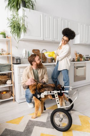 Smiling african american woman washing plate near boyfriend with disabled dog at home 