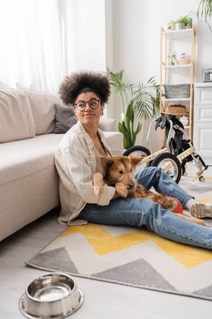 Young african american woman holding handicapped dog near wheelchair and bowl in living room 