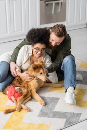 Positive interracial couple sitting near dog with special need on floor at home 