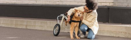 Lächelnde Afroamerikanerin umarmt Hund mit besonderen Bedürfnissen auf urbaner Straße, Banner 