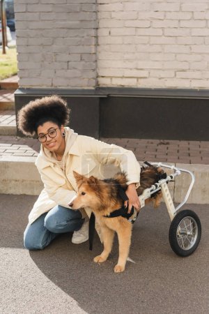 Photo for Smiling arican american woman looking at camera and hugging dog with special needs outdoors - Royalty Free Image