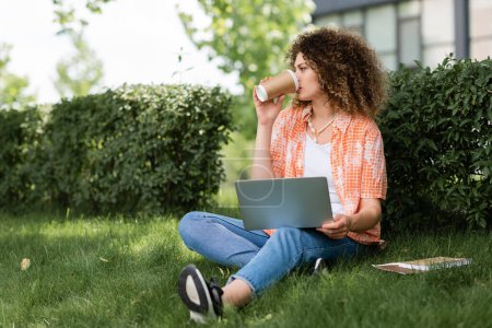 junge Frau mit lockigem Haar, die Kaffee to go trinkt und Laptop benutzt, während sie auf Gras sitzt 