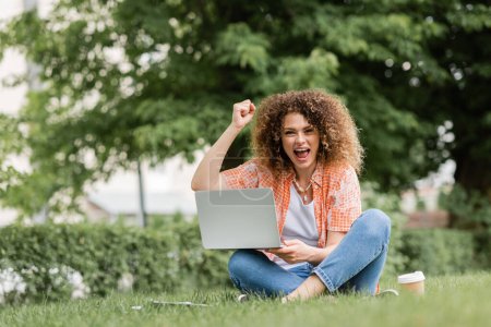 excited freelancer woman using laptop while sitting on green lawn near paper cup 