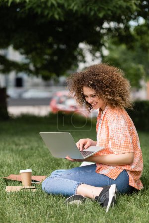 mujer freelancer alegre con el pelo rizado usando el ordenador portátil mientras que trabaja remotamente en el parque verde 