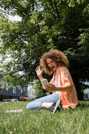 aufgeregte Frau mit lockigem Haar wedelt beim Videoanruf auf dem Smartphone mit der Hand, während sie auf dem Rasen im grünen Park sitzt 