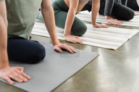 Cropped view of people doing Half Pigeon asana on mats in yoga class 