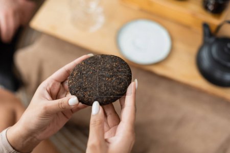 cropped view of woman with manicure holding compressed chinese puer tea 