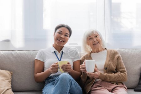 cheerful multiracial social worker having tea with senior woman in living room 