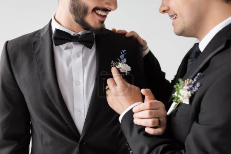 Cropped view of young homosexual man in braces touching floral boutonniere on suit of smiling and bearded boyfriend during wedding ceremony isolated on grey 