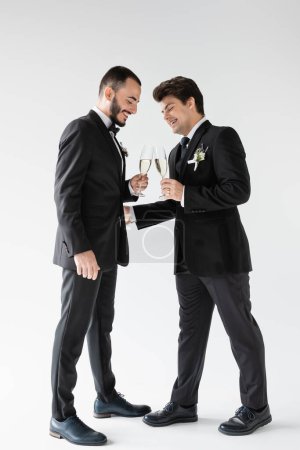 Volle Länge von fröhlichen homosexuellen Bräutigamen in Anzügen mit floralen boutonnieres Anstoßen mit Gläsern Champagner während der Hochzeitsfeier auf grauem Hintergrund 