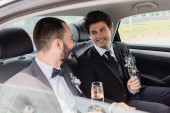 Smiling gay groom in formal wear holding glass of champagne and looking at boyfriend while sitting on backseat of car during honeymoon trip  Tank Top #654379934