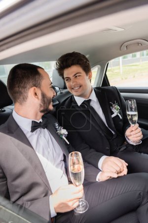 Souriant marié de même sexe en tenue classique avec des boutonnières tenant des verres de champagne tout en étant assis sur le siège arrière de la voiture pendant le voyage de lune de miel 