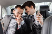 Positive gay groom in elegant formal wear kissing hand of young partner in braces and holding champagne glass during honeymoon road trip and sitting sitting on backseat of car  Sweatshirt #654380050