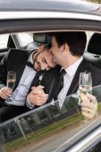 Smiling gay man in classic suit with boutonniere holding champagne and hand of bearded boyfriend with closed eyes while celebrating wedding in car during honeymoon  Poster #654380128