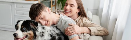 Young smiling gay couple spending time with furry Australian shepherd dog while relaxing on couch in living room at home, banner 