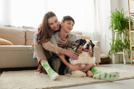 Junge langhaarige Homosexuelle in Socken und lässiger Kleidung umarmen lächelnden Freund und streicheln australischen Schäferhund, während sie Zeit auf Teppich zu Hause verbringen 