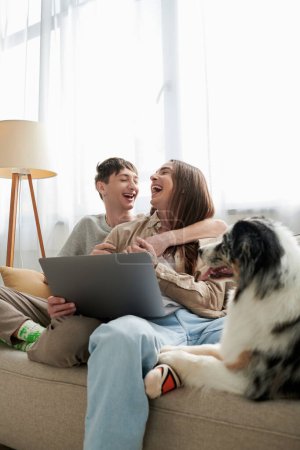 Photo for Cheerful gay partners in casual clothes laughing while hugging each other and sitting together near laptop and cute furry friend resting near them on couch in modern living room - Royalty Free Image