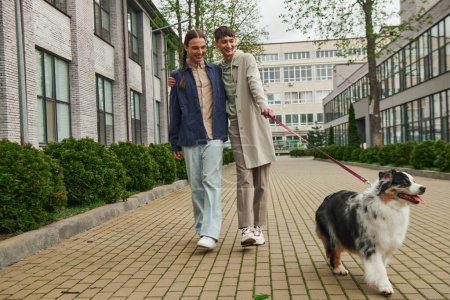 cheerful gay man in casual outfit holding leash of Australian shepherd dog while walking out together with smiling boyfriend with pigtails near modern building on urban street 