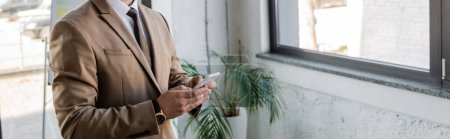 Photo for Partial view of successful manager in beige stylish blazer and tie messaging on mobile phone in office near potted plant on blurred background, banner - Royalty Free Image