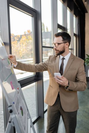 serious manager in stylish formal wear and eyeglasses holding smartphone and sticky note near flip chart with graphs while thinking about business strategy in office