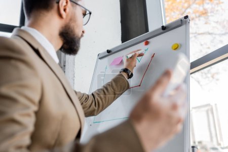 low angle view of bearded businessman in beige blazer holding blurred smartphone and drawing graphs on flip chart while making business analytics in office