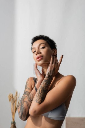 young and provocative woman with short brunette hair and tattooed body holding hands near face and looking at camera near white wall and blurred spikelets in light bedroom at home