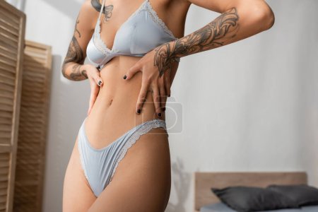 Photo for Partial view of provocative young woman in grey silk lingerie such as bra and panties touching sexy and slender body with tattooed arms near blurred bed and room divider in bedroom - Royalty Free Image