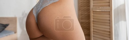 Foto de Vista parcial de la mujer seductora con nalgas sexy de pie en bragas de encaje gris en el dormitorio moderno en casa cerca de divisor de habitación de madera sobre fondo borroso, pancarta - Imagen libre de derechos