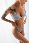 partial view of stunning woman with sexy tattooed body wearing silk lingerie and pulling panties while standing near blurred windows in bedroom at home, boudoir photography t-shirt #658311474
