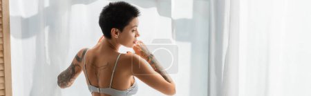 Foto de Vista trasera de mujer joven, sexy y apasionada con cuerpo tatuado y pelo corto morena de pie en el sujetador cerca de la cortina blanca en el dormitorio en casa, fotografía erótica, pancarta - Imagen libre de derechos