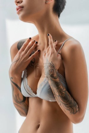 Photo for Cropped view of young and desirable woman with slender figure and tattooed arms holding hands near sexy breast while standing in grey silk bra on blurred background at home - Royalty Free Image
