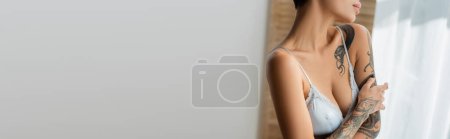 Foto de Vista parcial de mujer joven con pecho sexy y cuerpo tatuado con sujetador de seda gris mientras está de pie cerca de la pared blanca y difuminado divisor habitación en el dormitorio, fotografía erótica, pancarta - Imagen libre de derechos